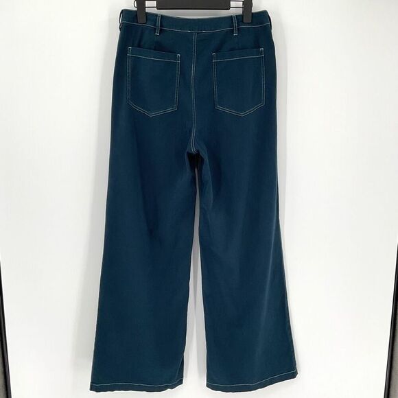 Monrow Cotton Twill Wide Leg Trouser‎ Pant Pleated Navy Blue Women Large HB0684 - Picture 2 of 11